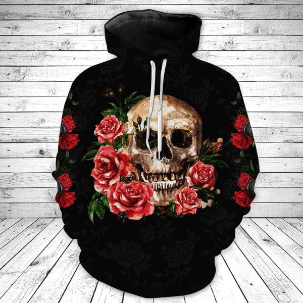 Skull Hoodies Skull with Roses Black T-Shirt Hoodie Sweatshirt V50