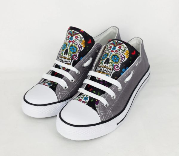 Skull Shoes Day of the Dead Gray Low Top Shoes V10