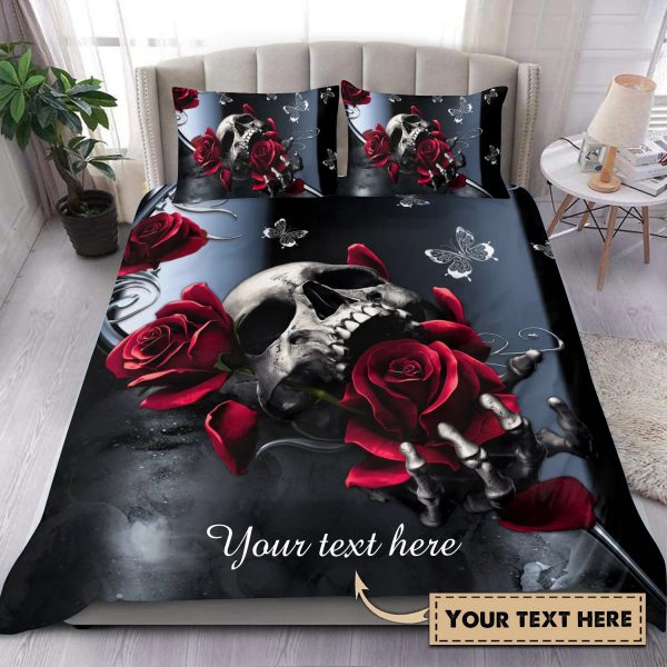 Personalized Skull and Roses Skull Bedding Set