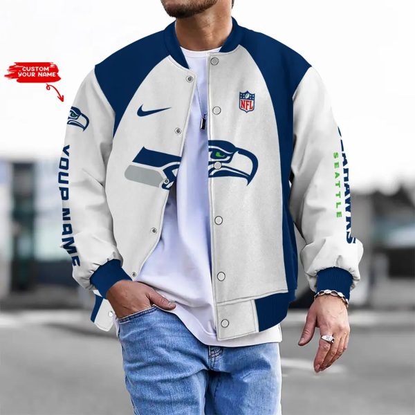 Customize Your Name With Seattle Seahawks Button Down Baseball Varsity Bomber Jacket