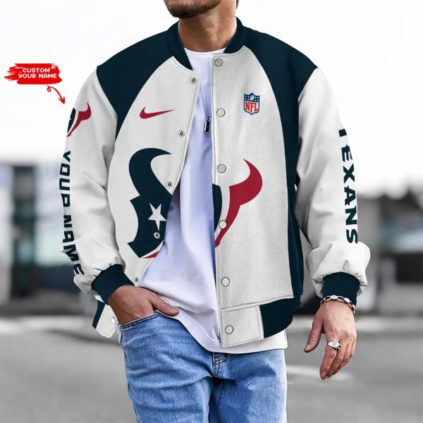 Customize Your Name With Houston Texans Button Down Baseball Varsity Bomber Jacket